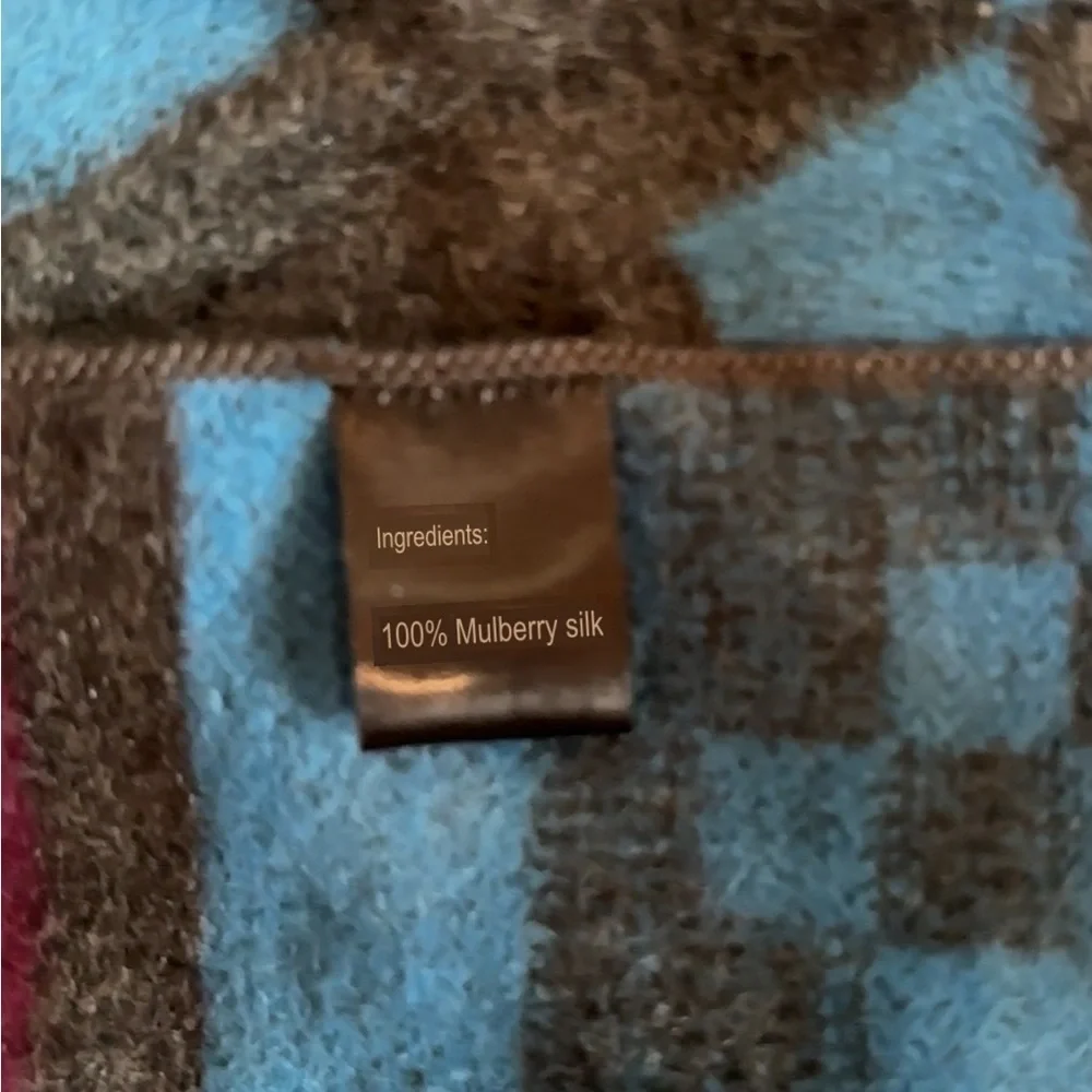 Light of Snow NWT Mulberry Silk Scarf Blue Gray Maroon Geometric Print Fringe